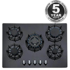 70 cm Black Glass 5 Burner Gas Hob with Cast Iron Pan Stands - SIA R8 - London Houseware - 1